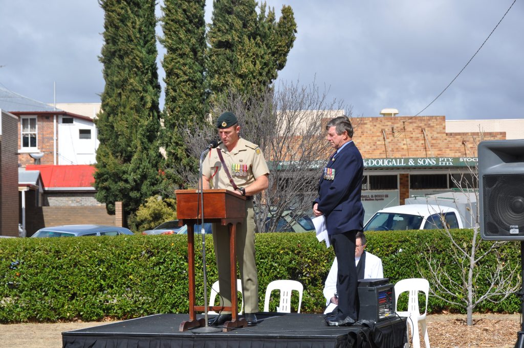 Major Warrick Talbot makes his speech at the Vietnam Veterans Day ceremony at Leslie Park. Photo Michael Cormack / Warwick Daily News